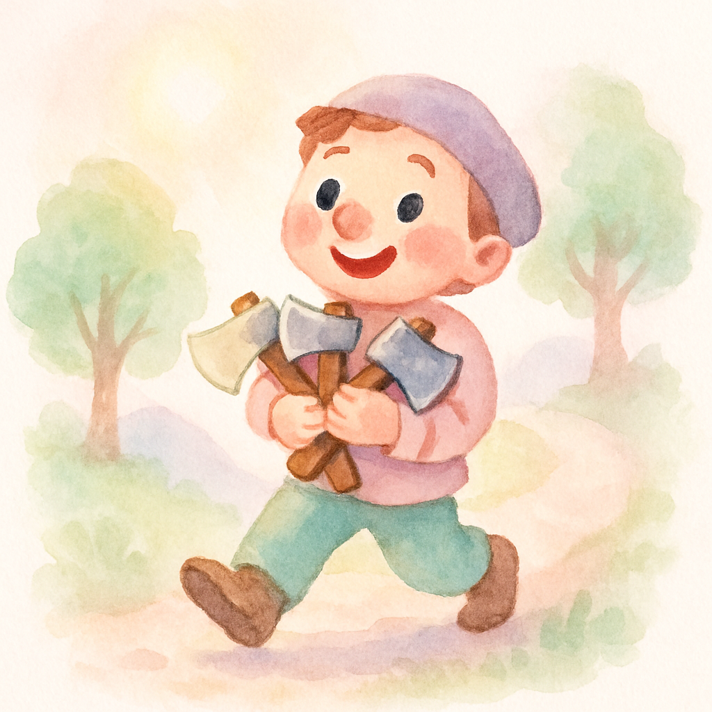 나무꾼이 세 개의 도끼를 모두 받아 안고 기쁘게 집으로 돌아가는 장면